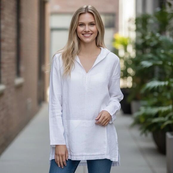 Talbots Womens Irish Linen Hooded Tunic Top MEDIUM White Beach Resort Minimalist - Picture 1 of 9
